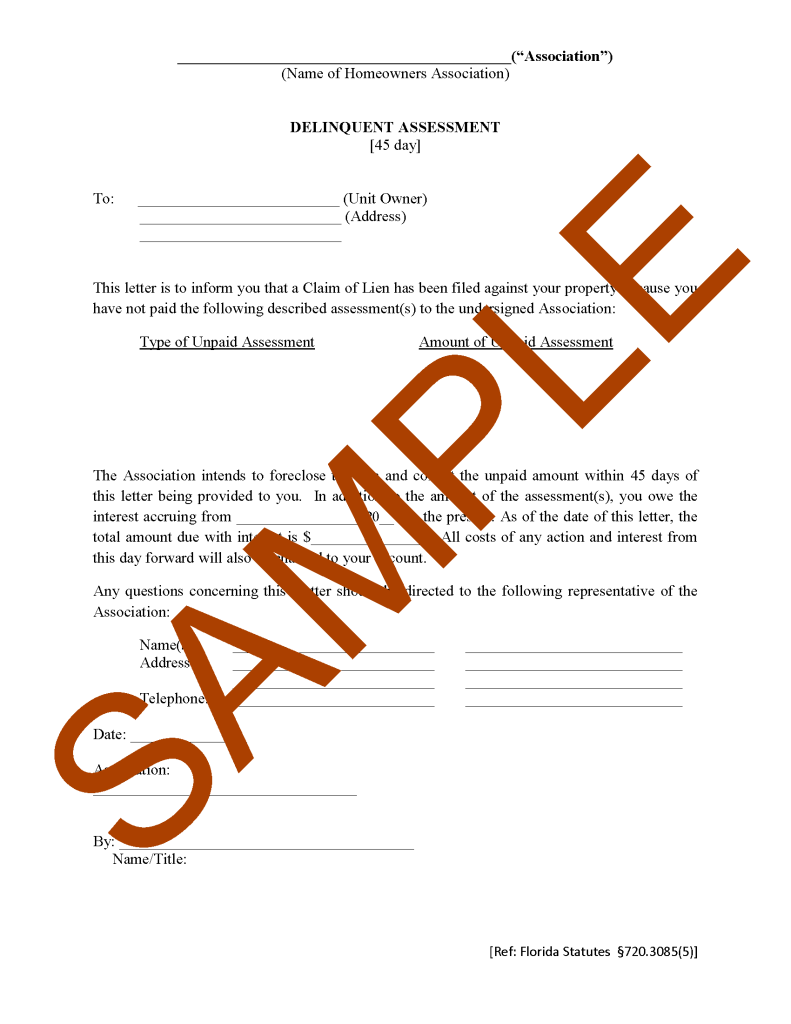 Florida Delinquent Assessment 45 Day Notice HOA Member Services