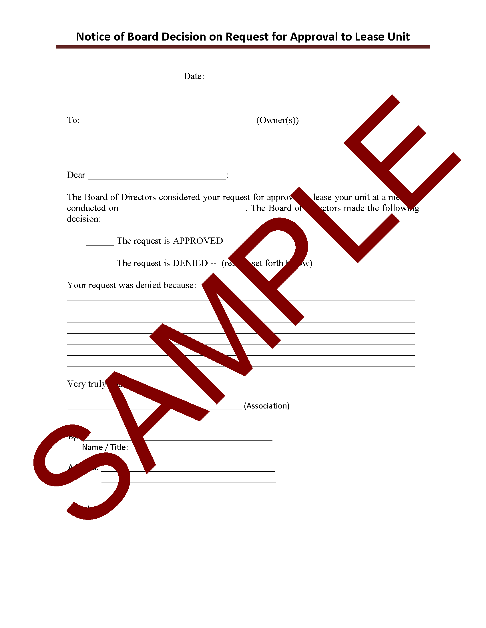 Notice of Board Decision on Request for Approval to Lease Unit