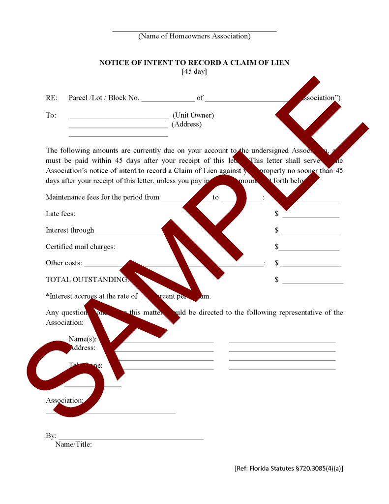 Notice of Intent to Record a Claim of Lien 45 Day HOA Member Services