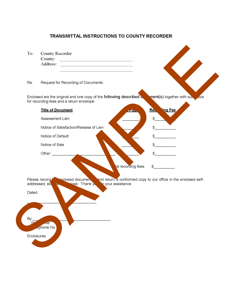 Transmittal Instructions to County Recorder HOA Member Services