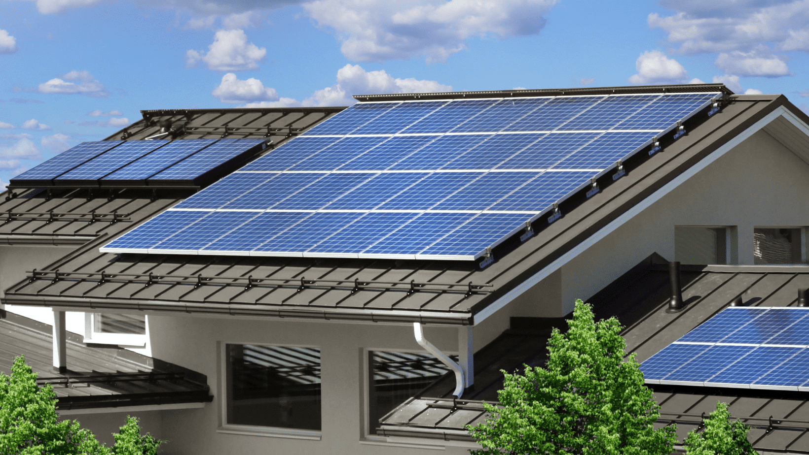 Modern home with rooftop solar panels in an HOA community