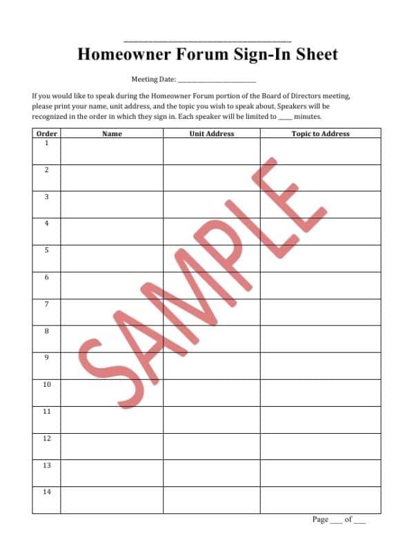 Homeowner Forum Sign In Sheet