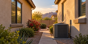 Illustration of an outdoor air-conditioning unit between closely spaced patio homes